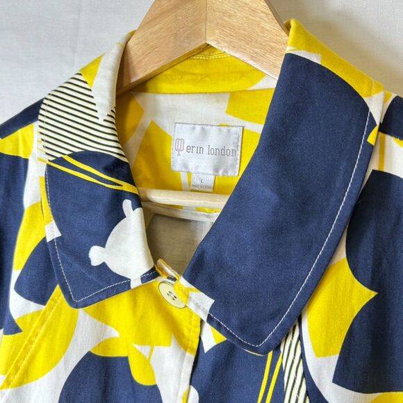 Erin London Yellow Navy Floral 3/4 Sleeve Collared Button Up Topper Jacket Sz L - Picture 3 of 13